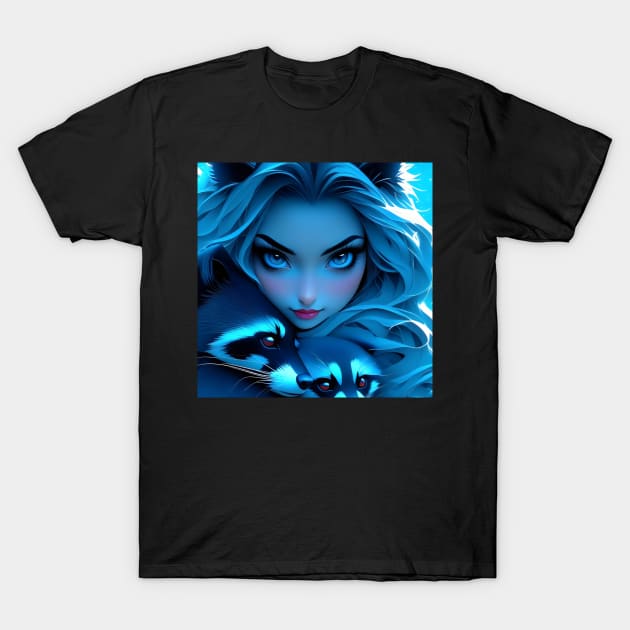 Fantasy girl with the raccoon blue aesthetic T-Shirt by Spaceboyishere